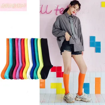 Новые Японские однотонные носки из телячьей кожи ярких цветов, Корейские студенческие Женские носки с длинными рукавами