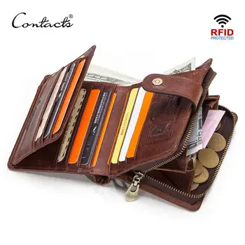 Винтажный кошелек CONTACT из натуральной кожи с RFID-защитой, мужской кошелек с карманом для монет, короткие кошельки, маленький кошелек на молнии с держателями для карт, мужской