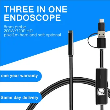 Эндоскоп 3 В 1, 8-миллиметровый зонд длиной 1 м, Камера для осмотра эндоскопом с регулируемым разрешением, Телефон, планшетный ПК